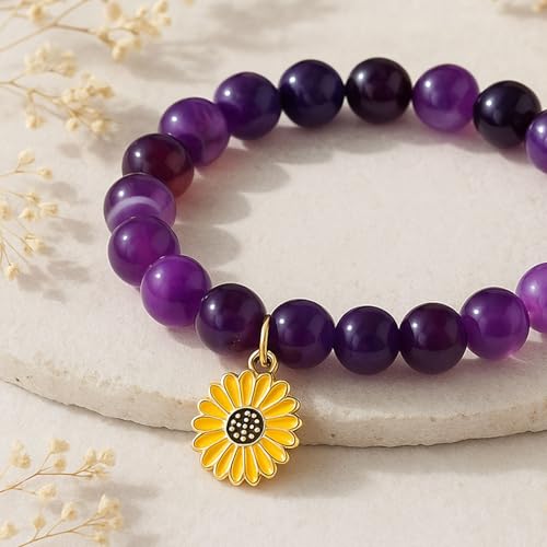 Purple Natural Stone Sunflower Bracelet for Women – Inspirational Sunflower Birthday Gifts for Women. Sunflower gifts are a symbol of sunshine and happiness. 5