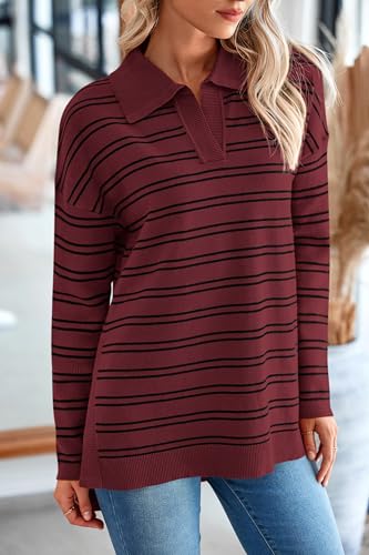 Image of MASCOMODA Womens Sweaters Fall 2025 Oversized Striped Sweater Long Sleeve Polo V Neck Loose Side Slit Knitted Tunic Tops