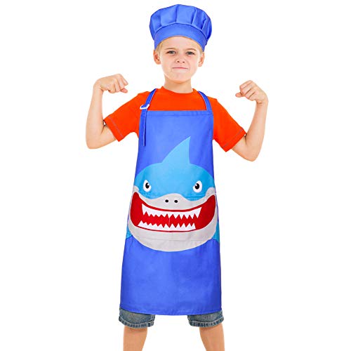 MHJY Kids Apron Chef Hat Set, Unicorn Shark Child Aprons with Adjustable Neck