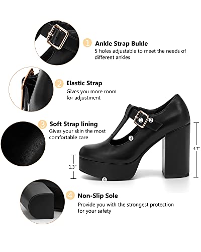 Image of Coutgo Womens' T-Strap Round Toe Chunky Platform Heels Patent Mary Jane Dress Shoes