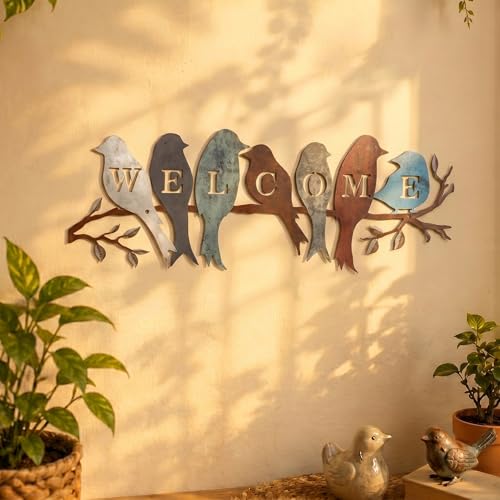 Peryiter Birds on Branch Welcome Sign Metal Wall Decor,Vintage Colors