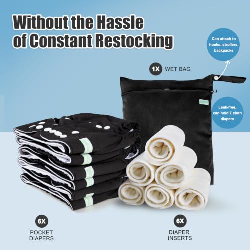 Image of wegreeco Cloth Diapers 6 Pack with 6 Inserts & 1 Wet Bag, Washable Cloth Diapers for Babies, One Size Adjustable Reusable (Black)