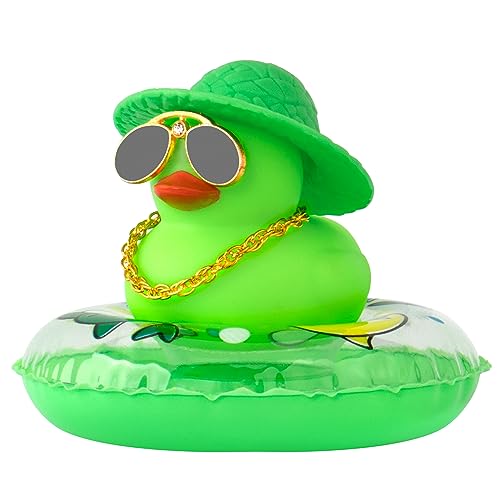 wonuu Car Duck Ornament Dashboard Decorations Rubber Duck Car for Car Dashboard Accessories with Swim Ring Sunglasses Hat and Necklace, A_Green Duck&Green Sun Hat&Dolphin