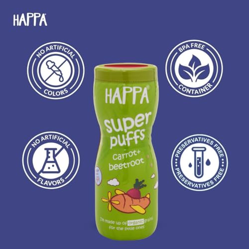 Happa Vanilla Blueberry and Carrot Beetroot Baby Puffs | Melt-in-the-Mouth Finger Food for Babies | Supports Self-Feeding & Baby-Led Weaning | No Artificial Flavours or Colours | Stage 2 (8 Months+) | Pack of 2 (40g Each)