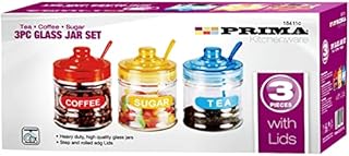 3x PRIMA MINI GLASS JAR SET | Tea | Coffee | Sugar | Home Kitchen Canister Storage RETRO Containers Set Coloured Lids & Matching Spoons Dining Food Organiser GIFTS UK FREE P&P