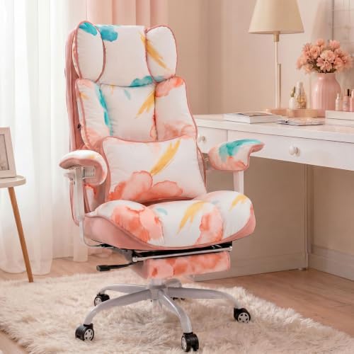 Image of Efomao Watercolor Fabric Executive Office Chair Home Foot Rest, Pink