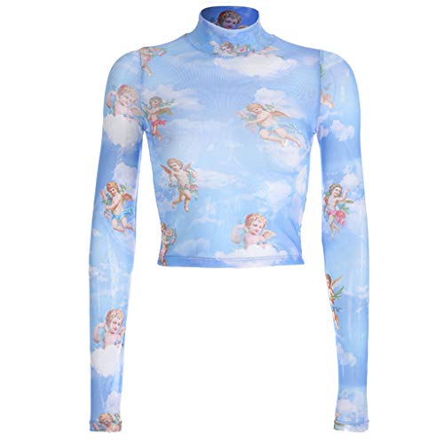 Meiqqm Haut court d'été à manches longues avec col montant et imprimé anges et Cupidon - 4 couleurs, bleu, M Cover