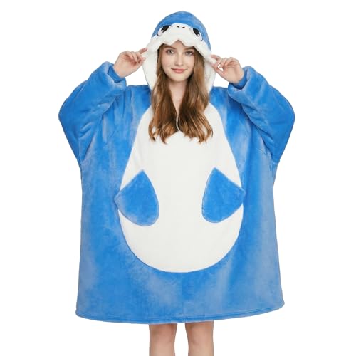 OLAOLA Shark Wearable Blanket Hoodie for Adult Oversized Animal Hooded Blanket with Pockets & Sleeves Soft Sherpa Shark Style Sweatshirt Comfy for Birthday Gifts