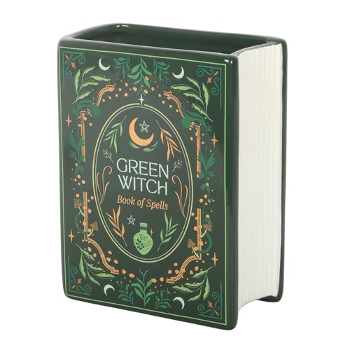 Green Witch Book Shaped Vase | Ceramic Grimoire Design | Mystical Home Decor