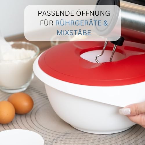 Westmark Rühr-/Backschüssel mit Spritzschutz, Deckel und Ausgießer, Kunststoff,Weiß/Rot, 3155227R Füllmenge: 3,5 L – Ansicht 2