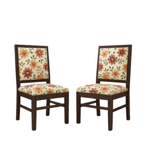 Image of KENDALWOOD Furniture | Solid Sheesham Wood Dining, Study Chair | Multipurpose Chair Set of 2 | Finish:- Walnut Finish with Cream Flower Printed Cushions | 1 Year Warranty |