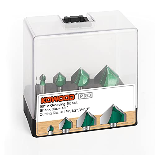 Kowood Pro 90° V Grooving Bit Set 4 Pcs, 1/4 Inch Shank, 1/4", 1/2", 3/4", 1" Cutting Dia. #TOP6