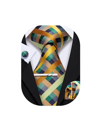 Image of YOHOWA Men Plaid /Striped Ties Set Silk Business Wedding Formal Fashion Necktie and Pocket Square Cufflinks Set