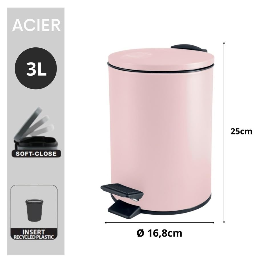Spirella Adelar Bin 3 Litres Stainless Steel with Automatic Close and Inner Bucket, Soft Close, Matte Pink - Image 3
