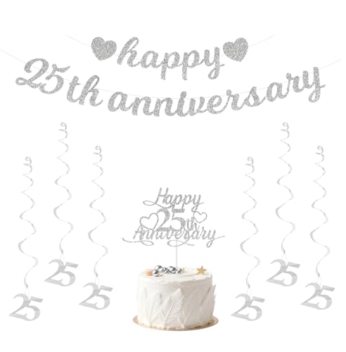 Happy 25th Anniversary Decorations Include Silver Glitter Banner Cake Topper and Hanging Swirls Elegant Party Decor for 25th Wedding Anniversary Vow Renewal or Celebration