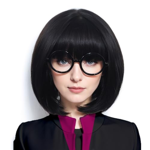 NIUOBYS Short Black Bob Wig With Glasses for Womens Anime Cosplay Costume Hair for Halloween Party
