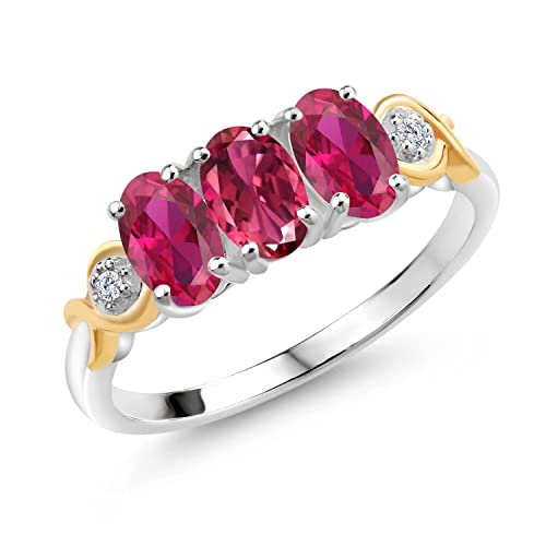 Gem Stone King 925 Sterling Silver and 10K Yellow Gold Oval Pink Tourmaline Red Created Ruby and White G-H Lab Grown Diamond Women Ring (1.50 Cttw, Available In Size 5, 6, 7, 8, 9)