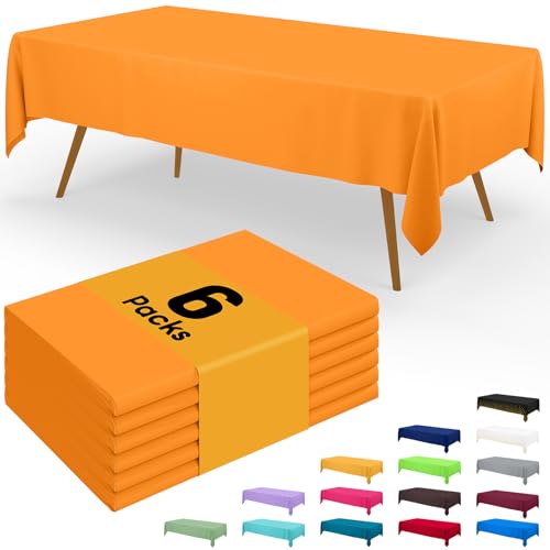 Image of Smiry Disposable Table Cloth - 6 Pack, 54 x 108 Inch Waterproof Rectangle Tablecloths for Parties, Decorative Plastic Table Cover, Leakproof & Sturdy, Orange