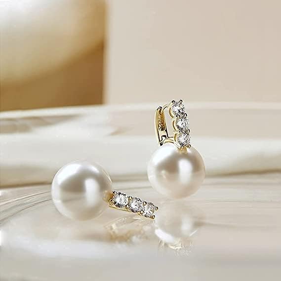 DI QIU REN Pearl Drop Earrings for Women 14K Gold Plated Hypoallergenic Hoop Earrings Post 5A Cubic Zirconia Dangle Earrings Jewelry for Friends Gifts Large Size