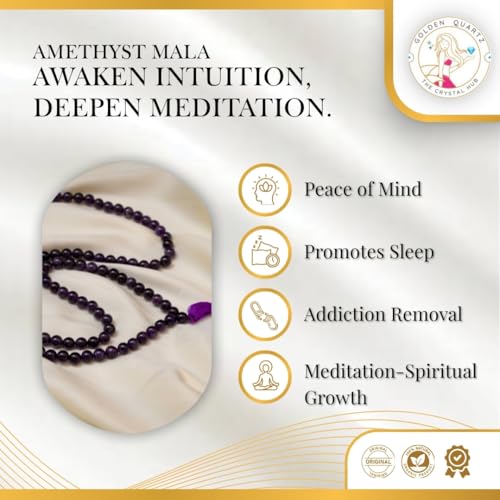Image of Dark Purple Violet Amethyst Mala Natural Crystal Gemstone 8mm 108 Beads Jap Mala for Meditation, Pooja, Chanting, Wearing (8mm, Amethyst)