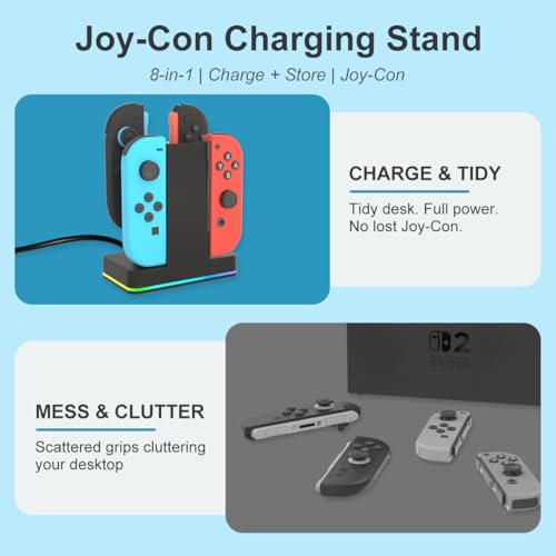 Image of PURBHE Switch 2 JoyCon Charging Dock for Nintendo Switch Controller Charger, Accessories for Nintendo 1 /2 Charging Station with RGB Light - 4 in 1 Charge Switch 2 with 60cm USB- C Power Cord
