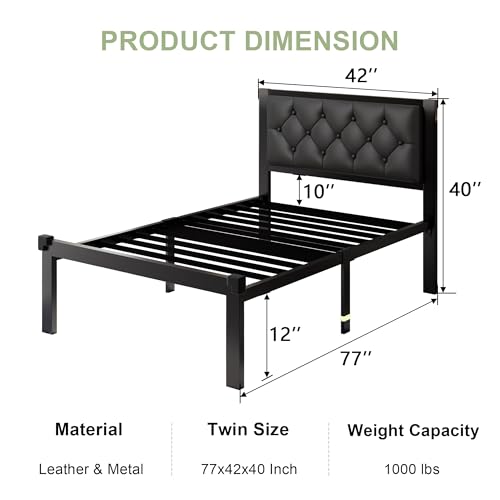 Image of Feonase Twin Size Metal Bed Frame with Faux Leather Button Tufted Headboard, Heavy-Duty Platform Bed Frame with 12 inch Storage, Steel Slats Support, No Box Spring Needed, Noise Free, Matte Black