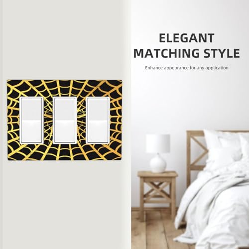 Decorative Outlet Covers Black Background with Golden Spiderweb Spider 3 Gang Outlet Cover Wall Plate Triple Rocker Light Switch Cover Plate Switch Plate Covers for Home Decor