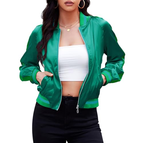 Zando Green Bomber Jacket Women 2025 - Lightweight Green Cropped Jacket Women Zip Up Casual Varsity Womens Jackets Fall Trendy Outerwear Windbreaker with Pockets for Daily Parties Sports Events M