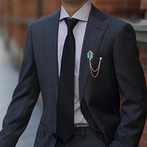 Image of Vintage Gemstone Chain Brooch Pin,Rhinestone Long Chain Tassel Suit Pin Zircon Oval Gem Lapel Pin Jewelry for Women Men