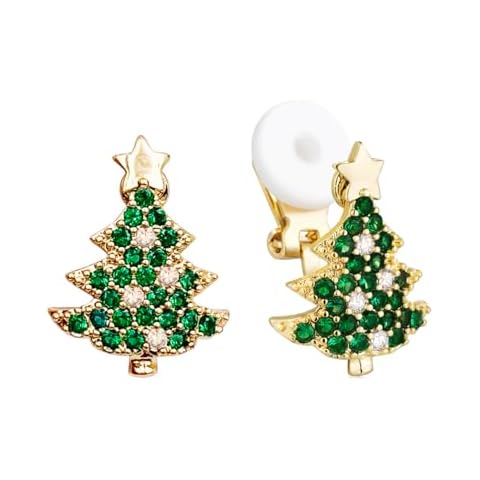 SELOVO Green Christmas Tree Shape Women Clip on Earrings Stud Green Crystal Gold Tone Cover