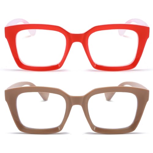 Image of REAVEE 2 Pack Oversized Reading Glasses for Women Men Blue Light Blocking, Ladies Stylish Retro Square Large Computer Readers (Red /Coffee 1.25x)