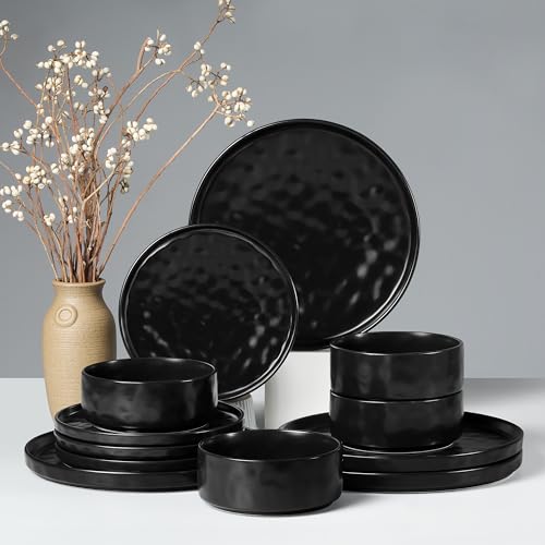 HaWare Dinnerware Sets 12-Piece Plates and Bowls Set Matte Black