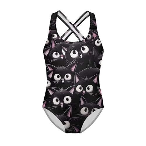 TOADDITDO Cat Print One Piece Swimsuit for Girls Round Neck Bathing Suit with Cross Shoulder Strap