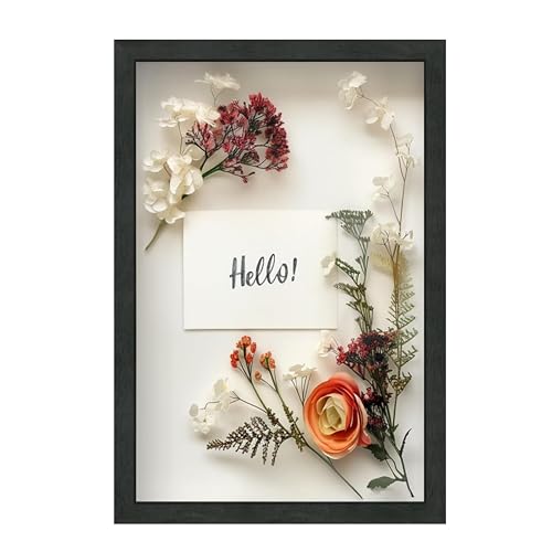 FrameWorks 12" x 18" Black Driftwood Wooden Shadow Box Frame  Soft Felt Back, Tempered Glass, and Included Elegant White Ball Push Pins