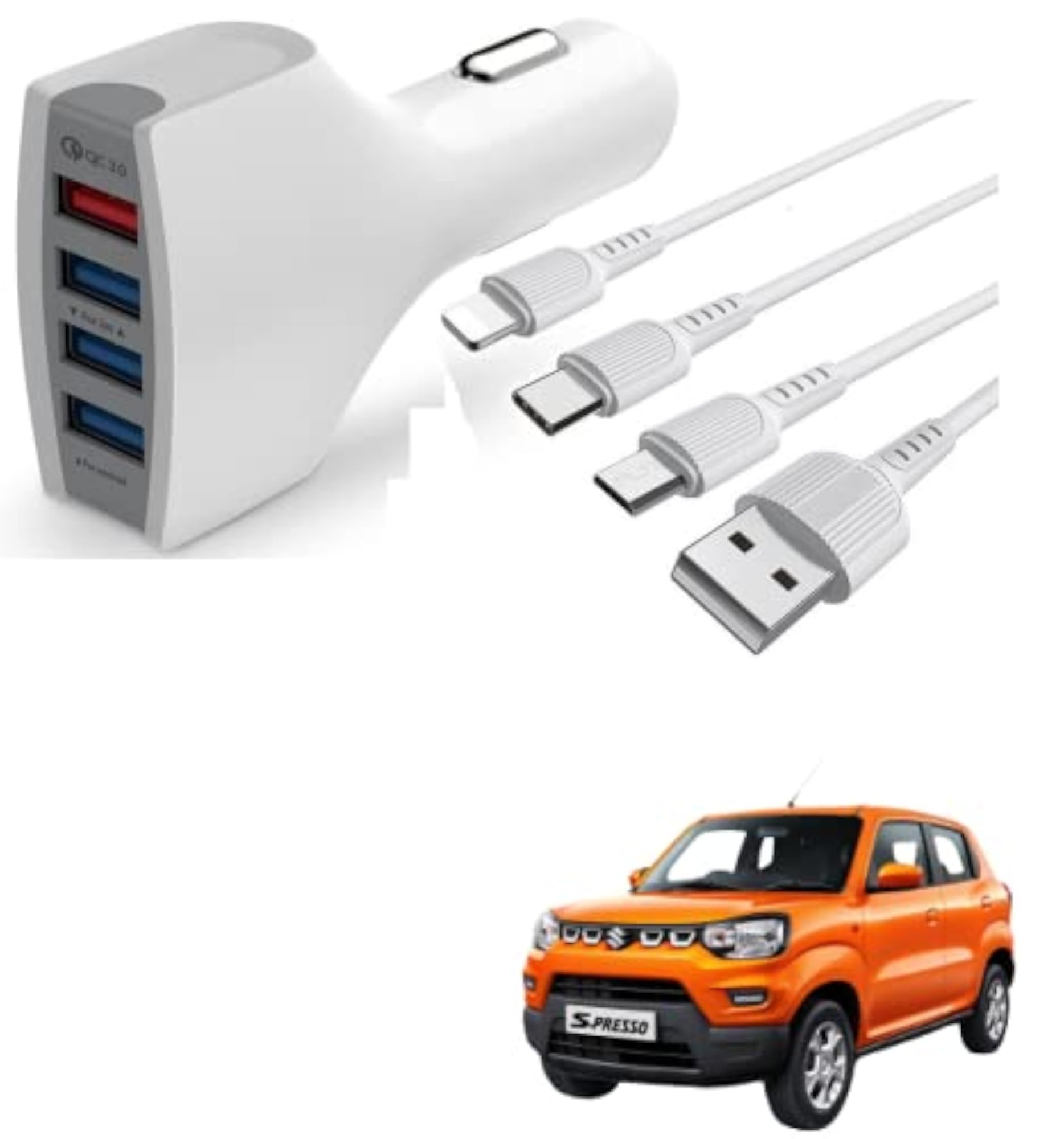 4-Port USB Car Charger with 3 in 1 Cable
