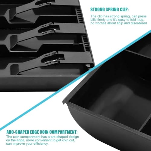 Image of Cash Register Drawer Insert Tray, Portable Currency Till Replacement Money Organizer with Spring-Loaded Note Clips and Divided Storage Sections for Shops, Offices and Billing Counters