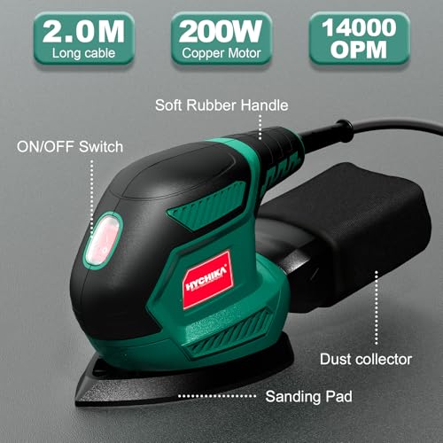 HYCHIKA Sander for Wood 200W, Electric Sander with Dust Collector, 12PCS Sandpapers, 14000RPM Compact Electric Detail Sander Ideal for Tight Space Sanding, Furniture Finishing - Image 6