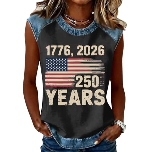 HHOSGPP USA 250th Anniversary Shirt | Women's 250 Years of Freedom Distressed Denim Trim America Flag Patriotic Sleeveless Blouse 1776-2026 Graphic Tee Shirt(32-Black,XXL)