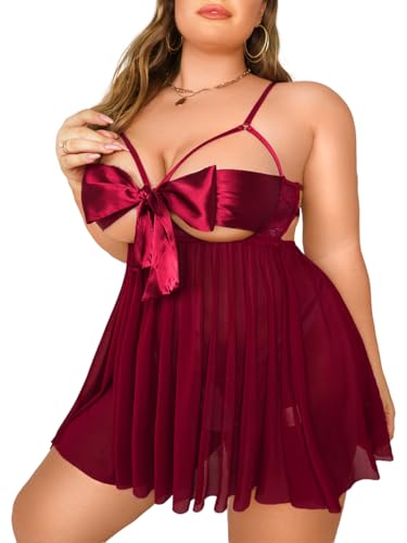 Kaei&Shi Lingerie For Women,V Valentines Day Xmas Christmas Bow Ribbon Sexy Lingerie,Plus Size Curvy Ladies Negligee Matching 2 Piece Lingerie Set Boudoir Burgundy 3X-Large