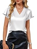 Blooming Jelly Women Silk Dressy Casual Business Blouse Ruffle Sleeve Summer Tops Cute V Neck Work Shirts (L, White)