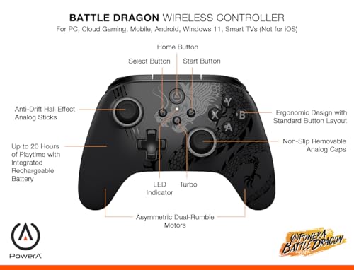 PowerA Battle Dragon™ Wireless Controller for PC and Cloud Gaming: Magnetic Hall Effect, Asymmetric Rumble Motors, 20h Playtime (Not for iOS)