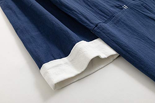 Image of Mens Japanese Kimono Cardigan Cotton Linen Haori Fashion 3 /4 Sleeve Yukata | Shawl Collar Kimono Jacket Robe Embroidery Patchwork Happi Coat Tie Pockets Lightweight Outerwear Daily Casual All Seasons