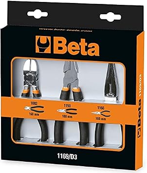 Beta 1169/D3 Pliers Set 3Piece Professional Kit with Combination Pliers, Long Needle Nose Pliers & Diagonal Cutting Nippers Hardened Steel Jaws, Precision Cutting Edges & SlipProof PVC Handles