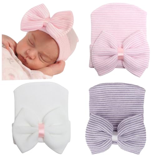 Image of DRESHOW BQUBO Newborn Hospital Hat Infant Baby Hat Cap with Big Bow Soft Cute Knot Nursery Beanie