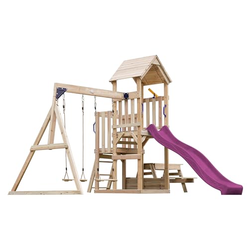AXI Mette Casetta in Legno Bimbi 2 Altalene, Tavolo da Picnic, Scivolo Viola | Area Giochi All'Aperto con Altalene/Sabbiera/Scivolo Telescopico | Casa da Gioco all'Aperto in Legno su Palafitte