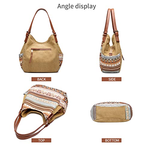 Image of Worldlyda Women Canvas Hobo Purse Multi Pocket Tote Shopper Shoulder Bag Casual Top Handle handbag with Embroidery Ethnic