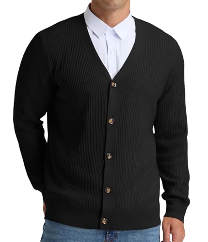 RQP Men's Cardigan Sweaters Long Sleeve V-Neck Sweaters Slim Fit Casual Buttons Down Knitted Sweaters,Black L