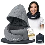 Sleevo Pro Nackenkissen Flugzeug mit Kapuze & Memory Foam – Nackenhörnchen & Schlafkissen & Reise – Ergonomisches Reisekissen, Sichtschutz & Waschbar inkl. Tasche – Grau (L)