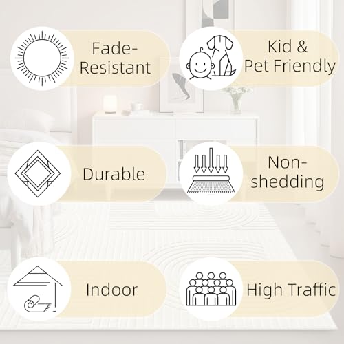 Image of 5x7 Solid Beige Area Rugs for Living Room, Geometric Washable Rug