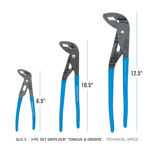 CHANNELLOCK GLS-3 Conjunto de alicates de lingueta e ranhura GRIPLOCK de 3 peças, 16,5 cm, 24 cm, 31